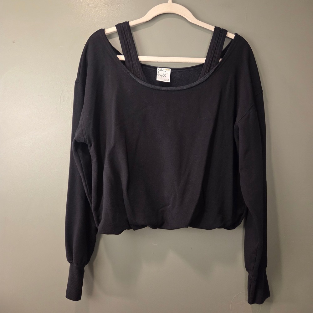 Aerie Women's OTT Layered Sweatshirt Cropped Relaxed Oversized Black Size M